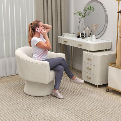 Swivel Accent Chair,Upholstered Velvet 360° Swivel Barrel Chair for Living Room Overstuffed Bouncle Reading Chair Round Armchair for Bedroom,Vanity,Office(Beige)