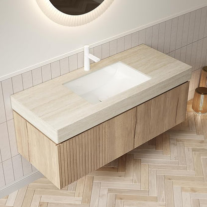 48 Inch Floating Bathroom Vanity with Sink, Wall-Mounted Bathroom Vanity with Drawer and 2 Doors, Roma Travertine-Pattern Countertop and Ceramic Basin, Pre-Assembled, White Oak