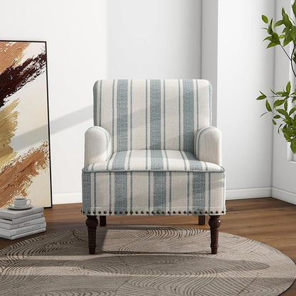 Accent Chair Set of 2, Mid Century Modern Comfy Armchair for Living Room, Linen Fabric Single Sofa Lounge for Reading Bedroom Apartment Waiting Room with Wood Legs-Blue Stripe