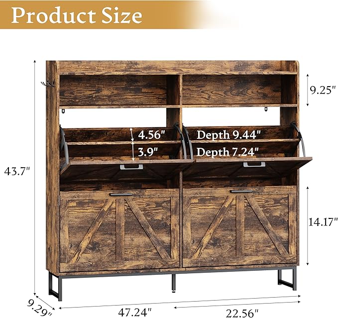 Shoe Cabinet Storage for Entryway, Shoe Storage Cabinet with 4 Flip Drawers, Freestanding Narrow Shoe Rack Organizer with Metal Legs, Adjustable Shelves & Open Storage for Foyer, Hallway, Brown