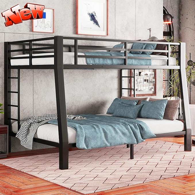 Higher Quality & Stronger Heavy Duty Steel Black Bunk Bed Full XL Over Queen Size Bunkbed, Thickened More Stable Safer Metal Bunk Queen Bed (Easier to Assemble) (Full XL Over Queen)