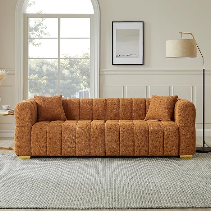 VANOMi 90.94”Cloud Sofa Couch, Modern Deep Seat Boucle Sofa, Oversized Upholstered 3-Seater Comfy Couch Loveseat for Living Room, Bedroom, Office, Apartment, Curry (1 Piece)
