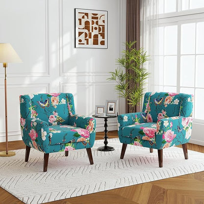 Accent Chairs Set of 2, Modern Fabric Armchairs for Living Room, Comfy Upholstered Arm Chairs Tufted for Indoor Bedroom Office Room (Pattern Blue)