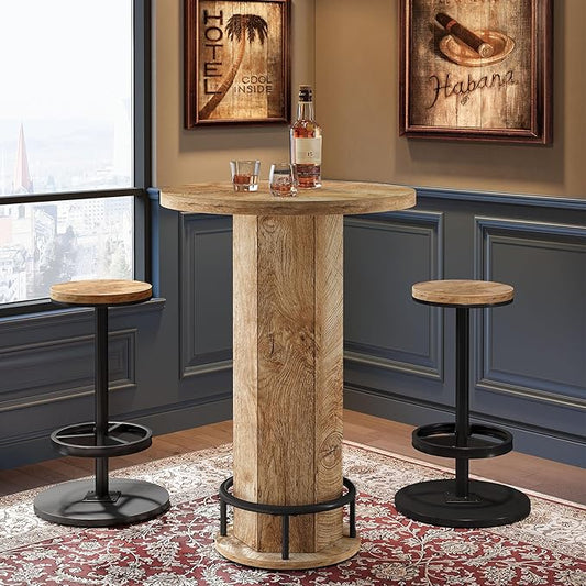 Tribesigns Round Bar Table with Chairs, Industrial Bistro Sets with 2 barstools, Pub Cocktail Table with Metal Ring Footrest for Kitchen Nook, Apartment, Small Space