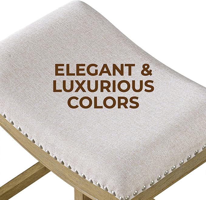 ROME + OAK Set of 3 Parker 26" Counter Stool, Backless Saddle Kitchen Barstool in Natural Wood Finish with Wheat Cream Fabric Upholstery Cushion Seat
