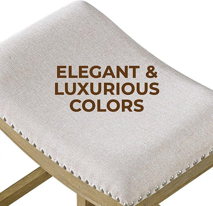 ROME + OAK Set of 3 Parker 26" Counter Stool, Backless Saddle Kitchen Barstool in Natural Wood Finish with Wheat Cream Fabric Upholstery Cushion Seat