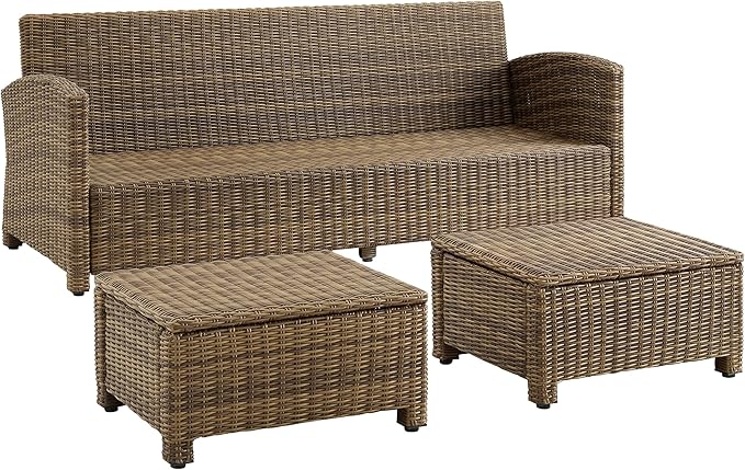 Crosley Furniture Bradenton 3-Piece Outdoor Sofa Patio Furniture Set, Wicker Conversation Sets for Porch, Brown with Gray Cushions