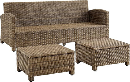 Crosley Furniture Bradenton 3-Piece Outdoor Sofa Patio Furniture Set, Wicker Conversation Sets for Porch, Brown with Gray Cushions