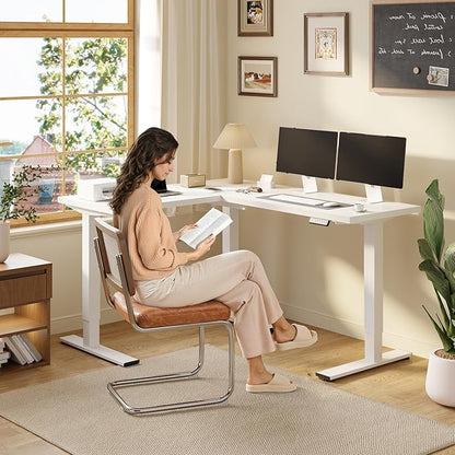SANODESK L Shaped Electric Standing Desk with Drawer, 63 Inch Ergonomic Adjustable Height Desk with Storage, Corner Desk Sit Stand up Computer Table for Work Office Home, White