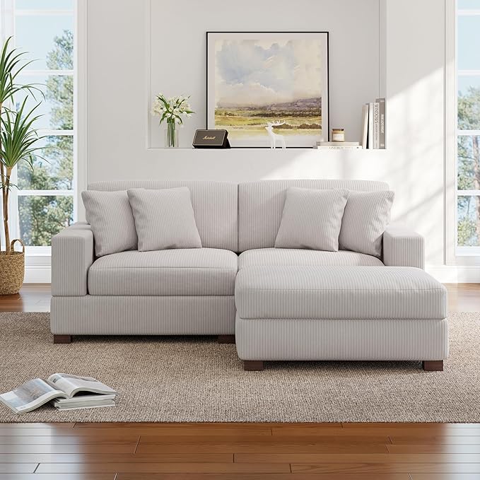 Modular Sectional Couches for Living Room, Modern Loveseat 2-Seater Sofa Couch with Ottoman, Upholstered Couches for Living Room Bedroom, Beige