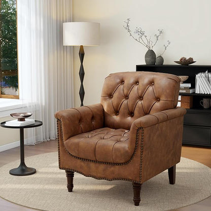UIXE Faux Leather Accent Chairs Set of 2, Comfy Club Chair Upholstered Armchair for Living Room, Button Tufted Arm Chair Retro Single Sofa Side Reding Seat for Bedroom - Brown