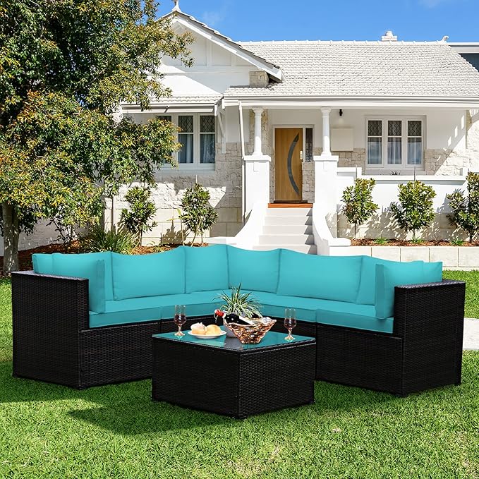Tangkula 6 Pieces Patio Furniture Set, Outdoor Rattan Sofa Set, Wicker Conversation Set w/Tempered Glass Coffee Table & Cushions, Sectional Sofa Set for Backyard, Garden, Balcony, Poolside