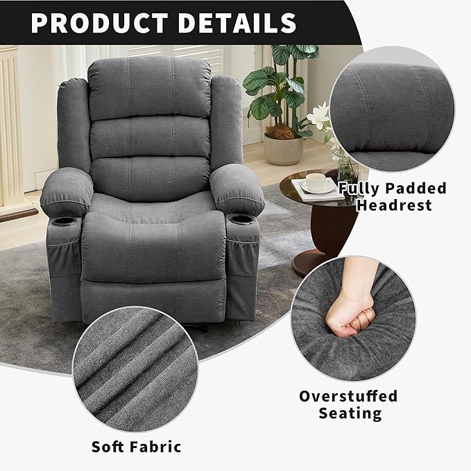 Large Recliner Chair for Adults Overstuffed Fabric Manual Pull Tab Recliner with Cup Holders, Side Pocket, 3-Position Recline, Minimalist Style Single Sofa Chair for Living Room Bedroom, Gray