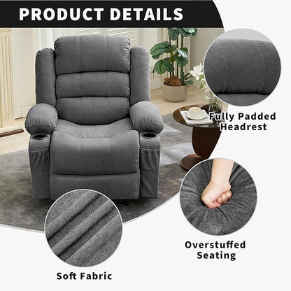 Large Recliner Chair for Adults Overstuffed Fabric Manual Pull Tab Recliner with Cup Holders, Side Pocket, 3-Position Recline, Minimalist Style Single Sofa Chair for Living Room Bedroom, Gray