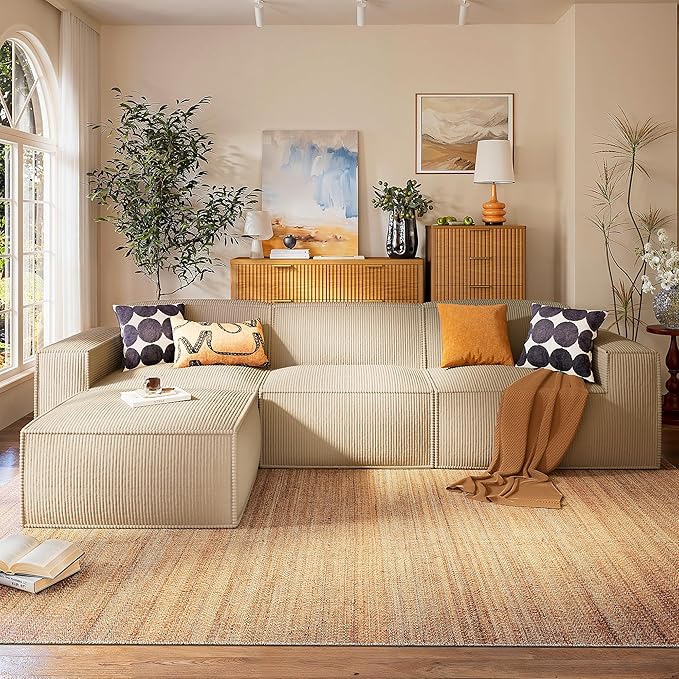 Marsail Modular Sectional Sofa, 111" L-Shaped Modular Sectional Couch with Deep Seat, Freely Combinable Sectional Cloud Sofa for Living Room, No Assembly, Plush Corduroy Fabric, Beige