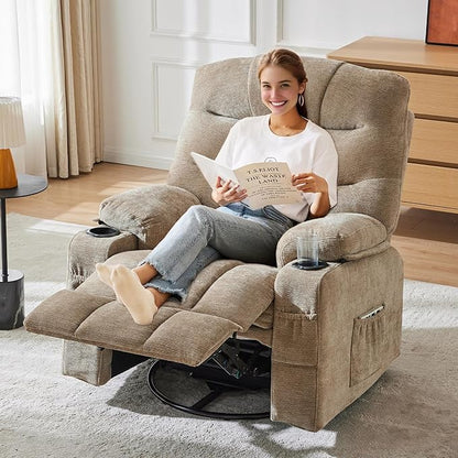 Manual 360°Swivel Rocker Recliner Chair,Single Recliner Seat with Cup Holders,Recliner Chairs for Adults, Upholstered Fabric Lazy Boy Recliner for Bedroom,Living Room,Brown