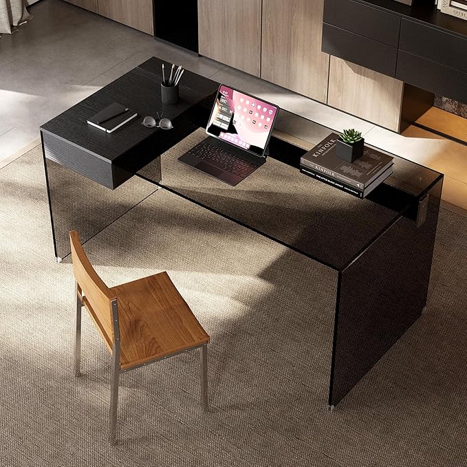53.14" Modern Tempered Glass Executive Desk with Drawer, Black Wood Finish and Tempered Glass Legs – Minimalist Stylish Workstation Table for Home Office