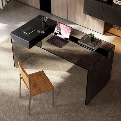 53.14" Modern Tempered Glass Executive Desk with Drawer, Black Wood Finish and Tempered Glass Legs – Minimalist Stylish Workstation Table for Home Office