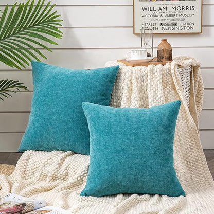GAWAMAY Decorative Square Throw Pillow Covers Set of 2 for Sofa ,Super Soft Chenille Farmhouse Pillowcases for Living Room Bedroom Home Decoration Couch Cushion Cover Teal 50x50cm/20x20 Inch