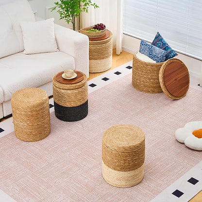Wimarsbon 18'' Ottoman Pouf, Natural Braided Poof, Rustic Handweave Lounge Pouffe, Boho Footrest Stool for Bedroom, Accent Table for Living Room (Storage - 18inch Natural Cattail L)