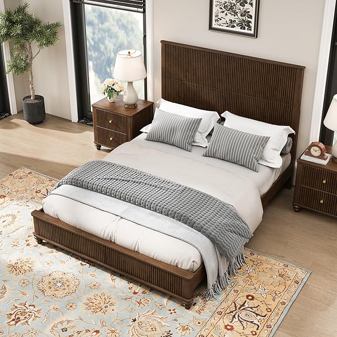 Queen Size Solid Wood Platform Bed Frame, Solid Wood Bed with 63.58" Headboard, Solid Wood Leg/No Box Spring Needed/Noise Free/Brown