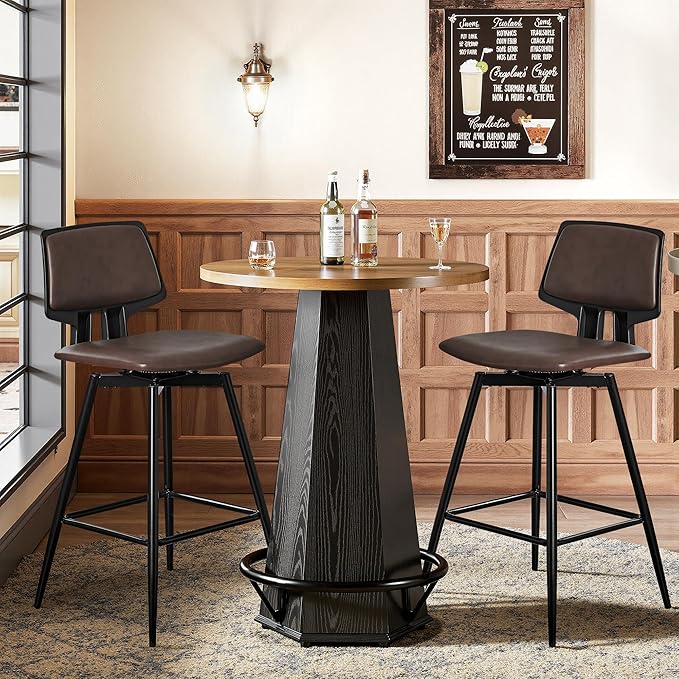 VECELO Swivel Leather Bar Stools Set of 4, Counter Height Barstools with Back, Metal Legs, 35.2-Inch Tall Barstools for Kitchen Island, Home Bar, Cafe, Brown