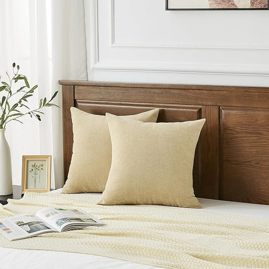 GAWAMAY Decorative Chenille Throw Pillow Covers 24x24 Inch Pack of 2, Soft Square Couch Pillow Cover for Sofa Cushion Living Room Bedroom Solid Dyed Pillowcases Khaki 60x60cm (ONLY Covers)