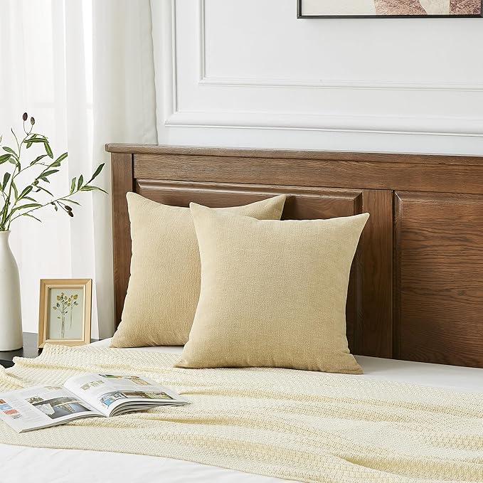 GAWAMAY Decorative Square Throw Pillow Covers 18"x18" Inch Set of 2, Super Soft Chenille Pillows Cover Fall Pillowcase for Living Room Bedroom Sofa Couch Cushion Cover Khaki 45x45cm (No Insert)