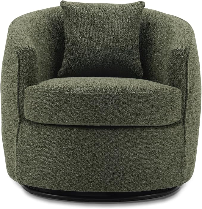 Swivel Accent Chair, Modern Upholstered Boucle Barrel Arm Chairs with Pillow for Living Room, 360 Degree Round Swivel Sherpa Armchair with Round Base for Bedroom Club (1, Green)