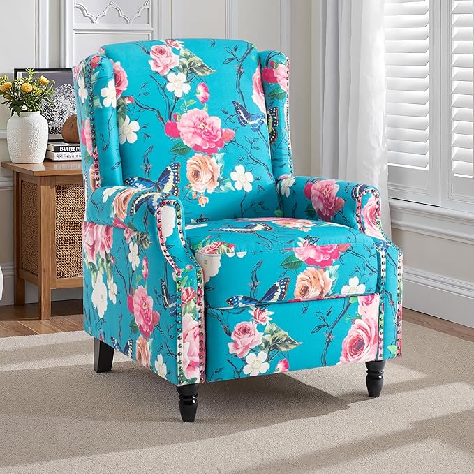 Pushback Recliner Chair, Floral Fabric Wingback Recliner Chair, Upholstered Armchair Push Back Recliner, Rivet Trim Single Sofa Accent Chair with Wood Legs for Living Room, Peacock Blue
