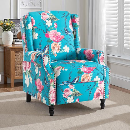 Pushback Recliner Chair, Floral Fabric Wingback Recliner Chair, Upholstered Armchair Push Back Recliner, Rivet Trim Single Sofa Accent Chair with Wood Legs for Living Room, Peacock Blue