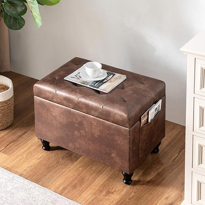 Leather Storage Ottoman Bench Rectangle 24 Inch Foot Rest Ottomans Stool for Living Room Bedroom(Brown)