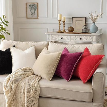 decorUhome Christmas Chenille Soft Throw Pillow Covers 22x22 Set of 2, Farmhouse Velvet Neutral Decorative Euro Pillow Covers with Stitched Edge for Couch Sofa Bed Home Decor, Rhododendron