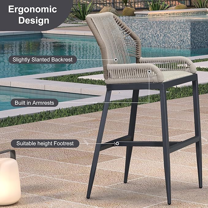 PURPLE LEAF 2 Pieces Bar Stools Patio Modern Rattan Barstools Aluminum Woven Tall Bar Chairs with Cushions for Outdoor Kitchen Island Garden