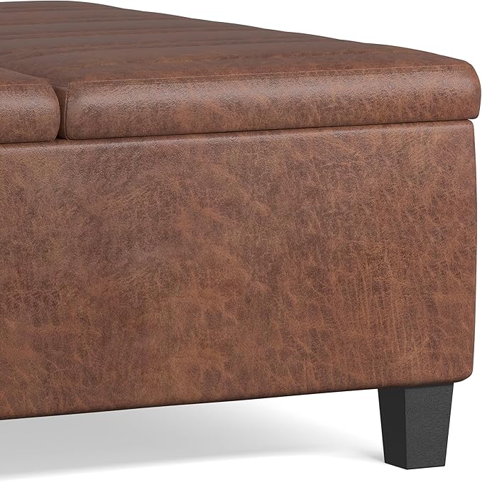 SIMPLIHOME Ellis 36 inch Wide Contemporary Square Coffee Table Storage Ottoman in Distressed Saddle Brown Vegan Faux Leather, Assembled, For the Living Room and Bedroom