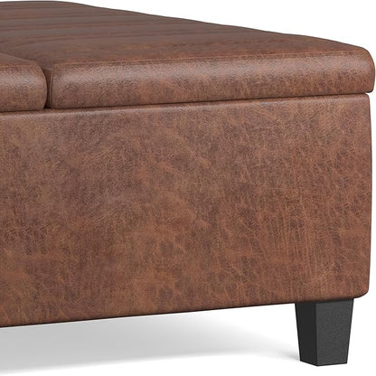 SIMPLIHOME Ellis 36 inch Wide Contemporary Square Coffee Table Storage Ottoman in Distressed Saddle Brown Vegan Faux Leather, Assembled, For the Living Room and Bedroom