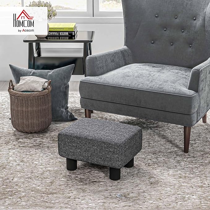 HOMCOM Ottoman Foot Rest, Small Foot Stool with Linen Fabric Upholstery and Plastic Legs, Cube Ottoman for Living Room, Charcoal Gray