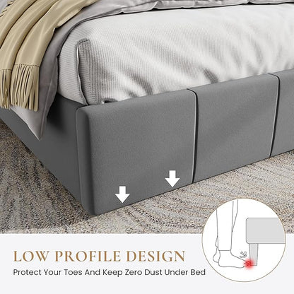 SHA CERLIN King Size Bed Frame, Velvet Upholstered Platform Bed, Vertical Channel Tufted Adjustable Headboard, Low Profile Bed Frame, No Box Spring Needed, Easy Assembly, Grey