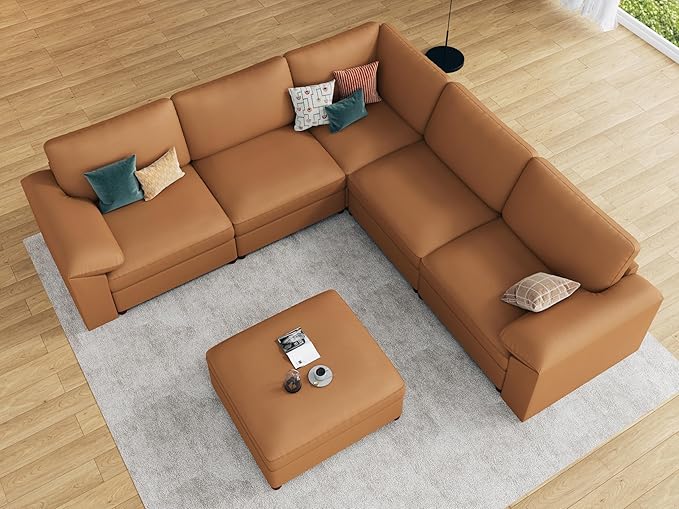 EASE MOOSE Oversized Corner Modular Sectional Sofa with Ottoman, Faux Leather Sectional Sofa with Deep Seat, Scratch Resistant Faux Leather Material, Extra Large L Shaped Couch, Brown