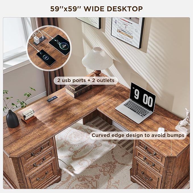 T4TREAM L Shaped Desk with Drawers,59" Farmhouse Wood Home Office Executive Desk,Charging Station,File Drawer, Storage Cabinet,Computer Desk for Work and Study (Reclaimed Barnwood)