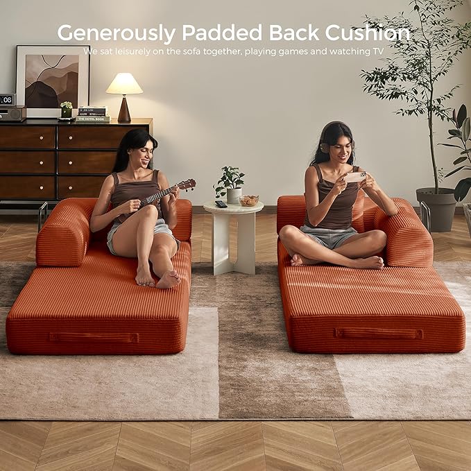 79" Convertible Sofa Bed with Fixed-Shape Frame & Removable Armrests, Modular Corduroy Sleeper Sofa, Folding Mattress Couch for Small Spaces - No Assembly Needed in Orange (Includes 2 Pillows)