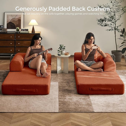 79" Convertible Sofa Bed with Fixed-Shape Frame & Removable Armrests, Modular Corduroy Sleeper Sofa, Folding Mattress Couch for Small Spaces - No Assembly Needed in Orange (Includes 2 Pillows)