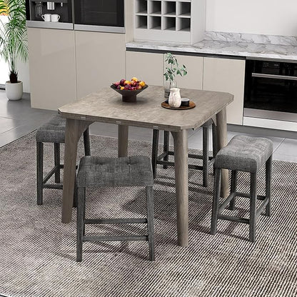 COSTWAY Wooden Saddle Stools Set of 4, 24-inch Counter Height Upholstered Backless Bar Stools with Solid Rubber Wood Legs, Padded Seat, Farmhouse Dining Chairs for Kitchen Island, Cafe, Grey