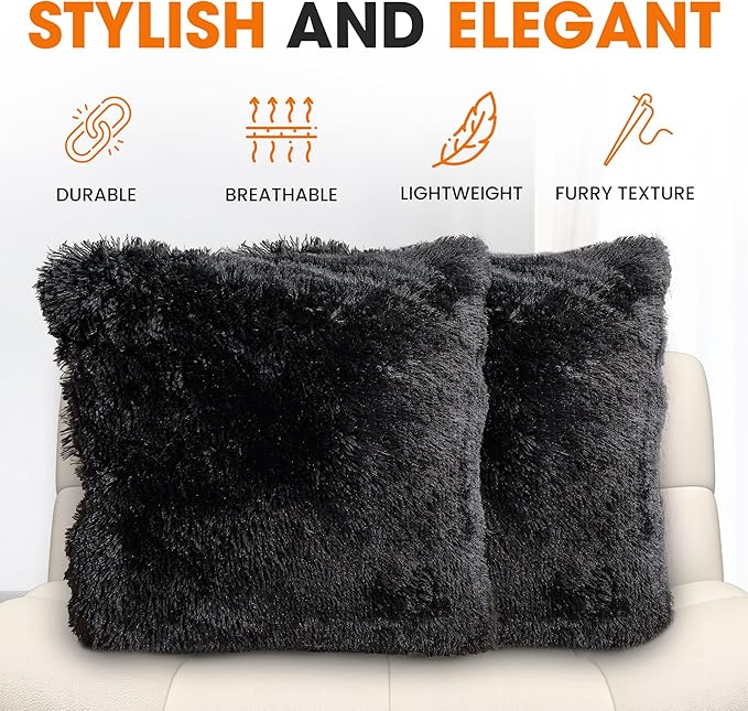 Cheer Collection Throw Pillows for Couch and Bed, Soft Shaggy Throw Pillows with Inserts Included, Cozy Long Hair Faux Fur Pillows - Set of 2-18" x 18" - Black