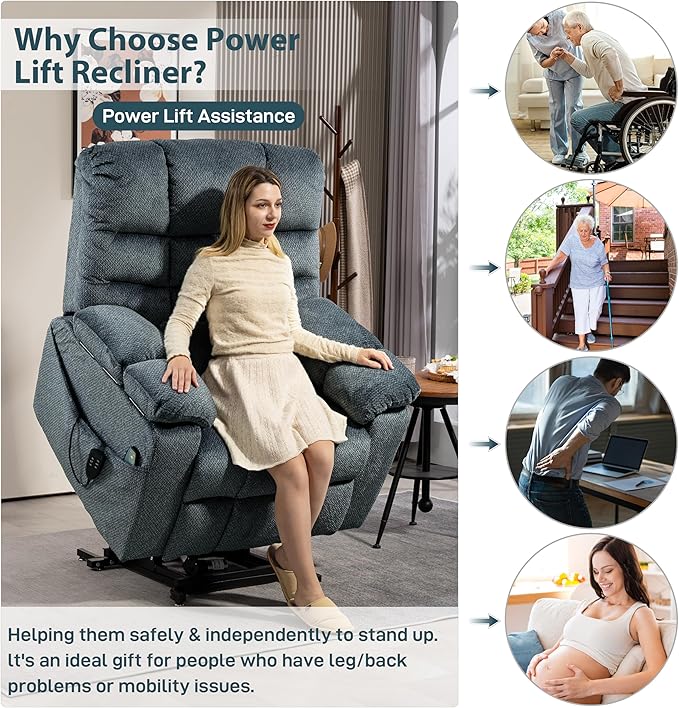 Oversized Zero Gravity Power Lift Recliner Chair for Elderly Adults Big Man Electric Lay Flat Recliner Triple Motor with Heat and Massage, Adjustable Seat Height, Arm Storage, Cup Holder