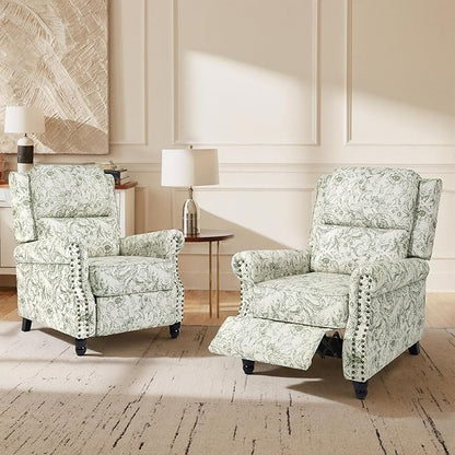Lumibee Recliner Chairs Set of 2, Wingback Recliner Chairs for Living Room, Modern Upholstered Fabric Pushback Armchairs with Adjustable Backrest & Footrest for Small Spaces,Bedroom-Rococo Green