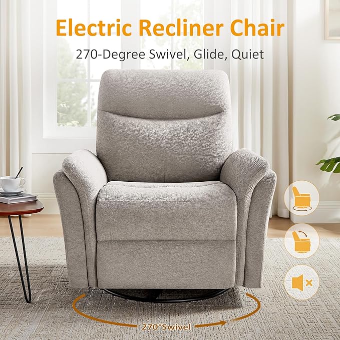 VANOMi Power Recliner Chair Swivel Glider, Electric Rocking Recliner Chairs with USB and Type-C Ports, Nursery Chair Recliner for Living Room, Bedroom, Apartment（Camel）
