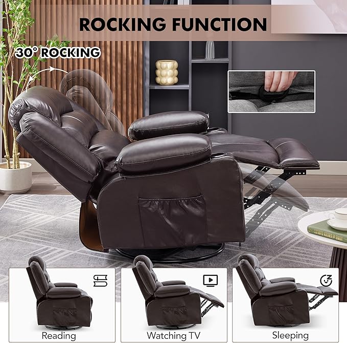 Oversized Recliner Chairs for Adults, 360° Swivel Rocking Recliner with Heat and Massage Lazy Boy Recliner,Recliner Chairs Single Sofa Seat with Cup Holders (Darkbrown, Regular)
