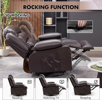Oversized Recliner Chairs for Adults, 360° Swivel Rocking Recliner with Heat and Massage Lazy Boy Recliner,Recliner Chairs Single Sofa Seat with Cup Holders (Darkbrown, Regular)