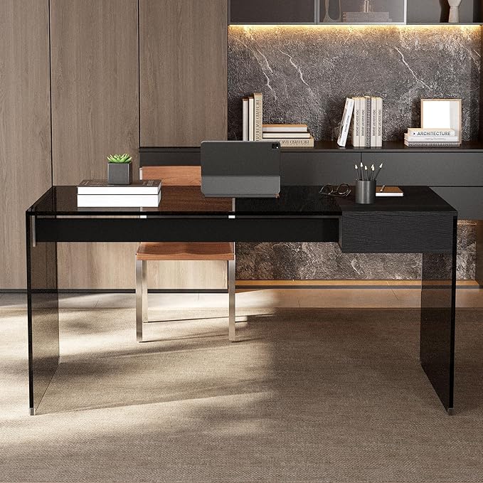 53.14" Modern Tempered Glass Executive Desk with Drawer, Black Wood Finish and Tempered Glass Legs – Minimalist Stylish Workstation Table for Home Office